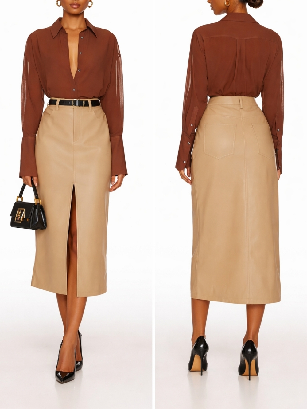 Steve Madden Avani Faux Leather Camel Midi Skirt NWT Size: 4